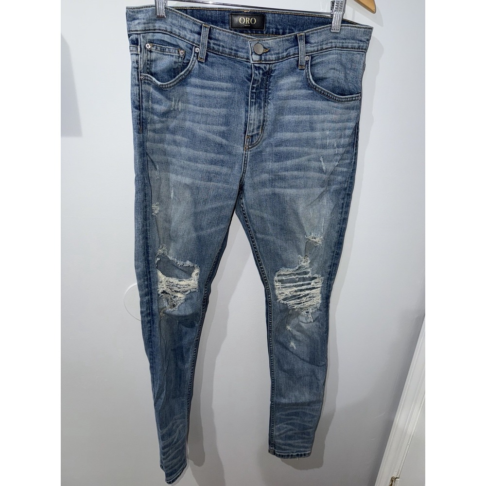 ORO Los Angeles Denim Jeans Size 34 Blue Distressed Skinny Slim Fit Made in USA